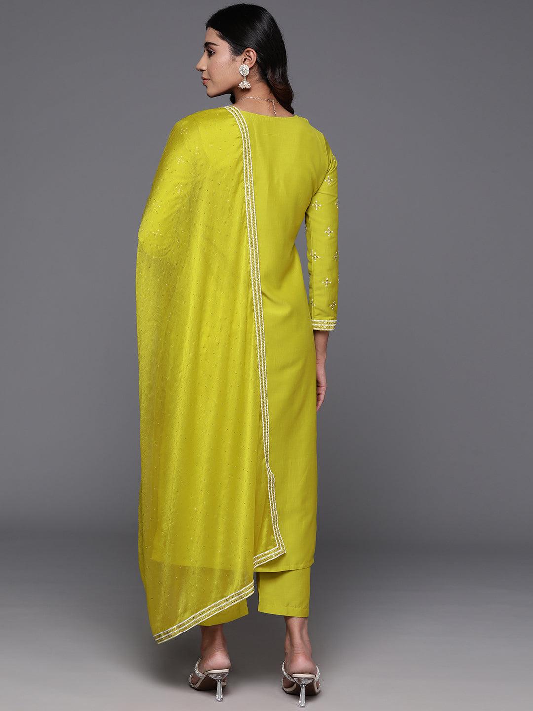 Mustard Embroidered Silk Blend Straight Kurta With Trousers & Dupatta - Libas