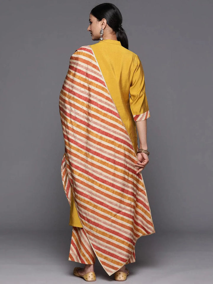 Mustard Embroidered Silk Blend Straight Suit Set With Trousers - Libas