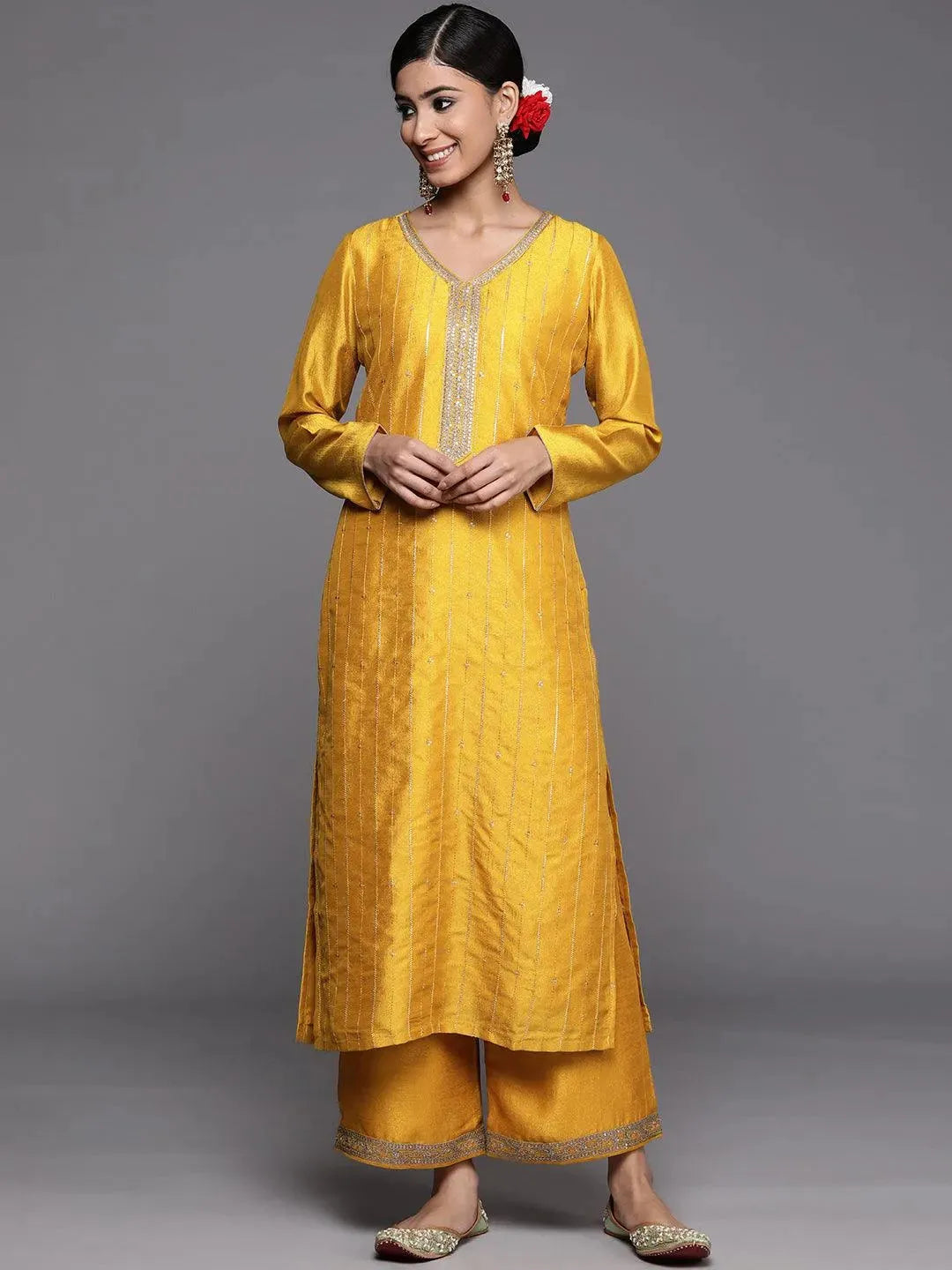 Mustard Embroidered Silk Straight Kurta - Libas