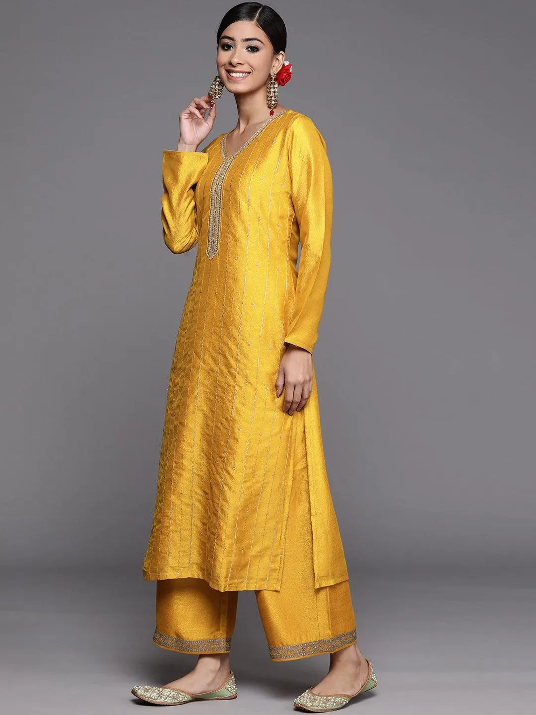 Mustard Embroidered Silk Straight Kurta - Libas