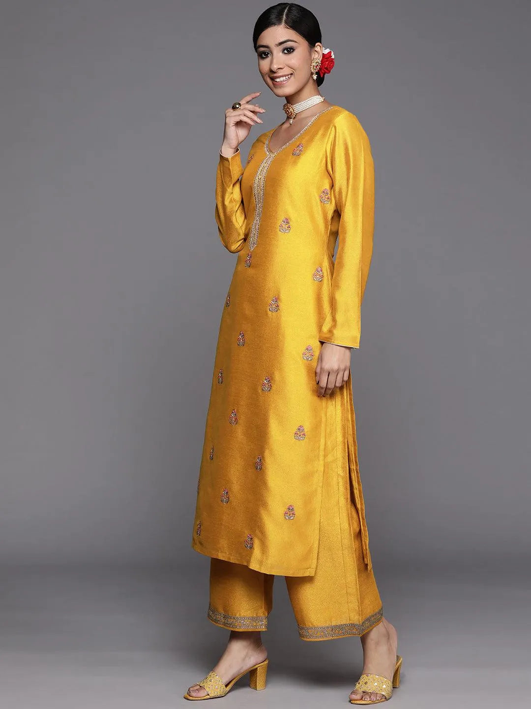 Mustard Embroidered Silk Straight Kurta - Libas