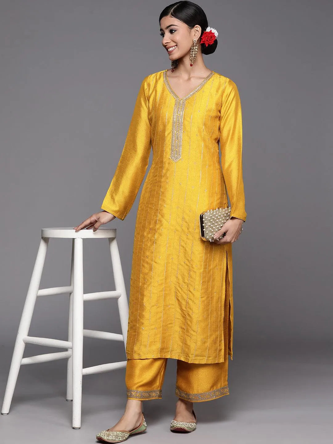 Mustard Embroidered Silk Straight Kurta - Libas 