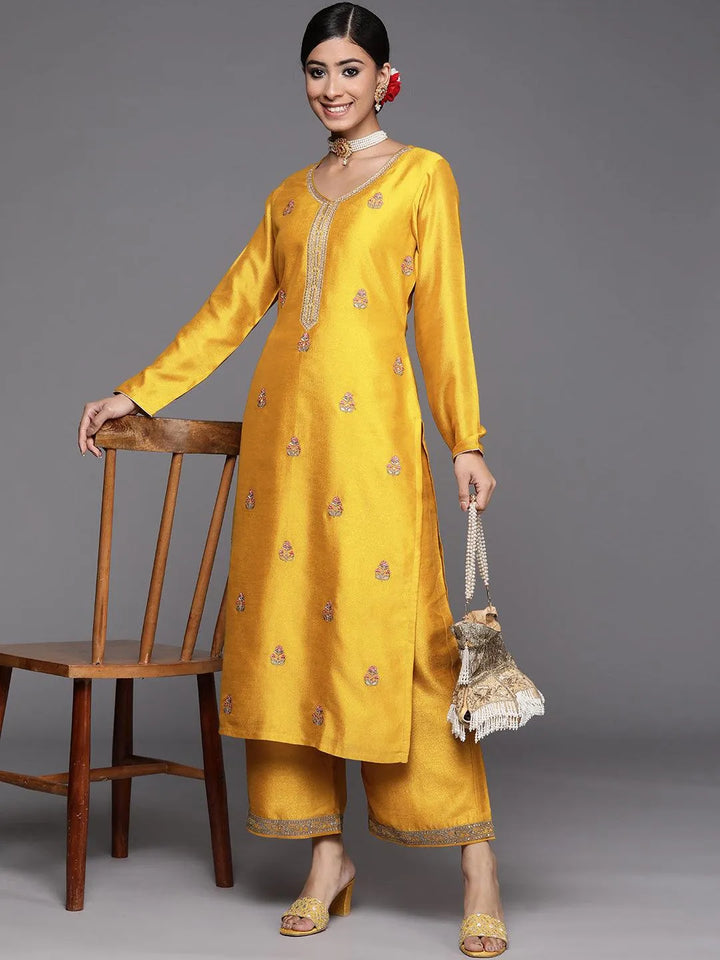 Mustard Embroidered Silk Straight Kurta - Libas