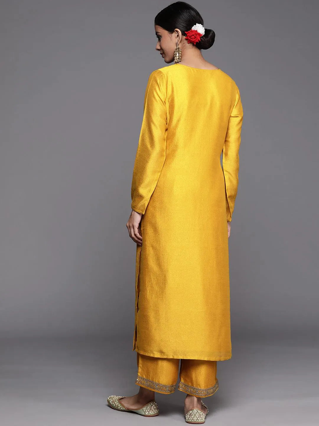 Mustard Embroidered Silk Straight Kurta - Libas 