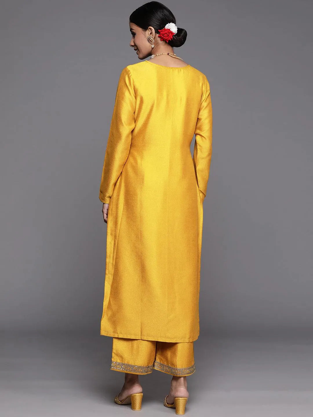 Mustard Embroidered Silk Straight Kurta - Libas