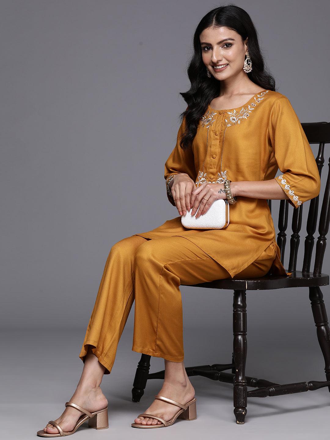 Mustard Embroidered Wool Blend Tunic With Trousers - Libas 