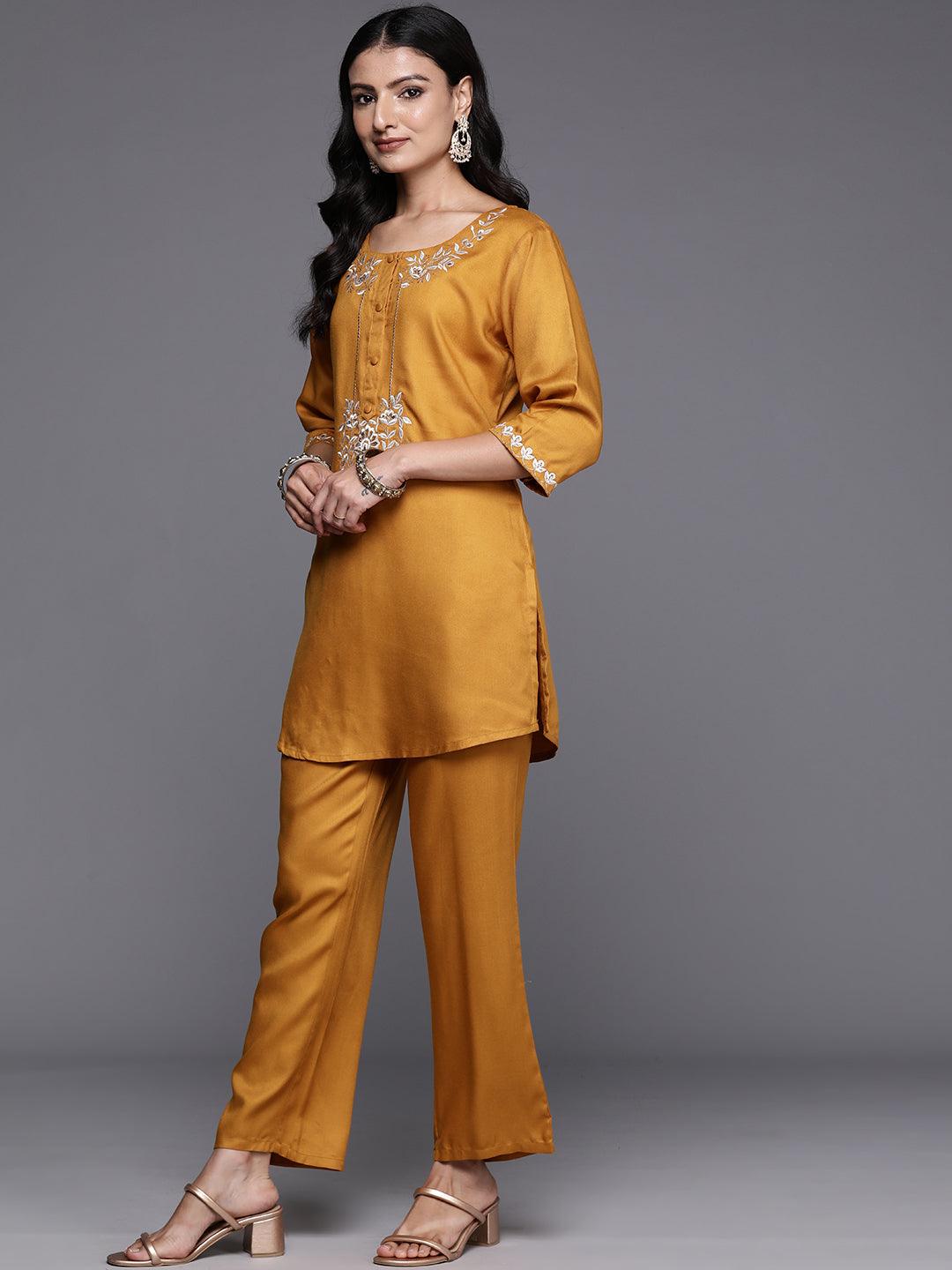 Mustard Embroidered Wool Blend Tunic With Trousers - Libas 