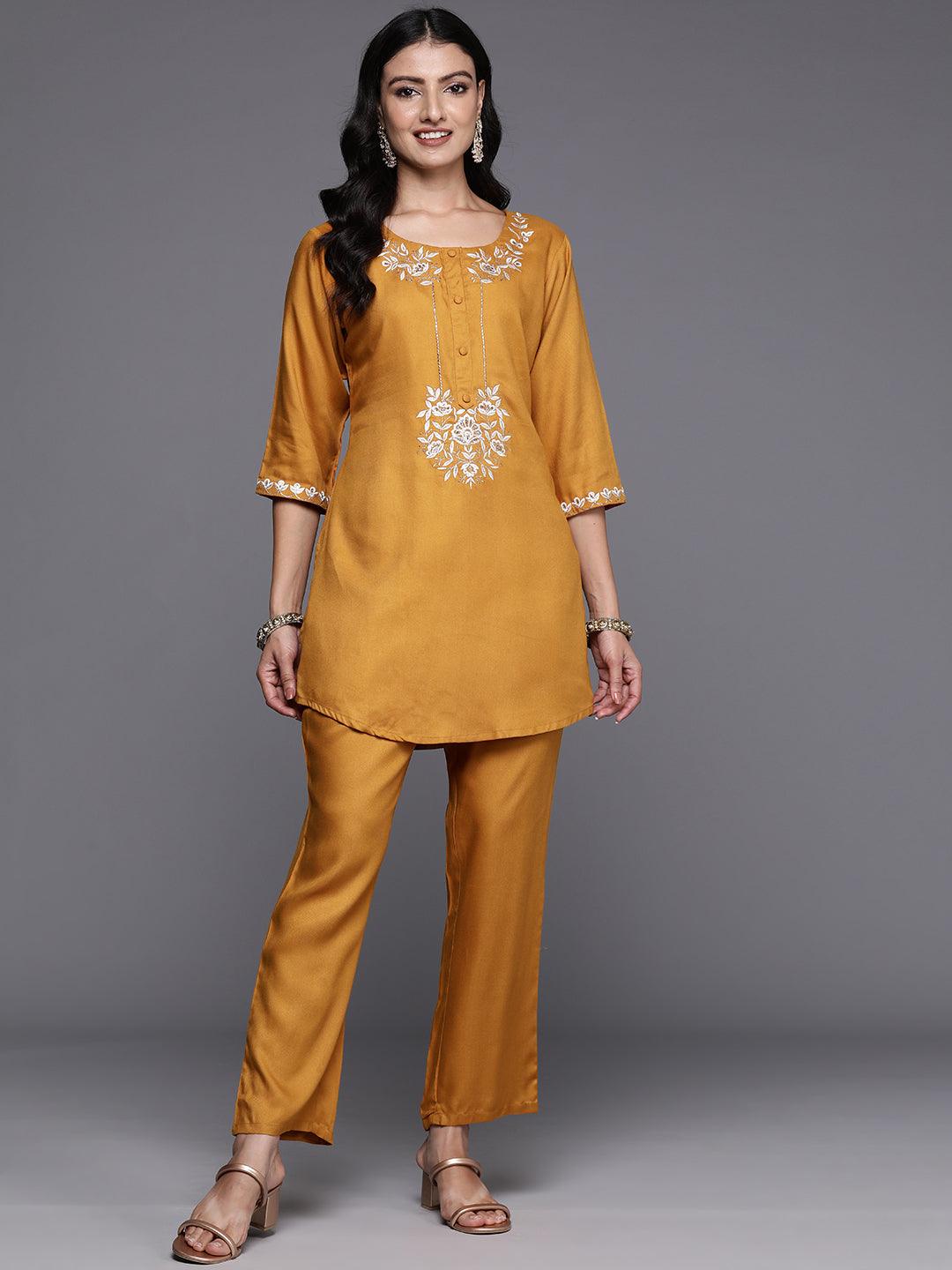 Mustard Embroidered Wool Blend Tunic With Trousers - Libas