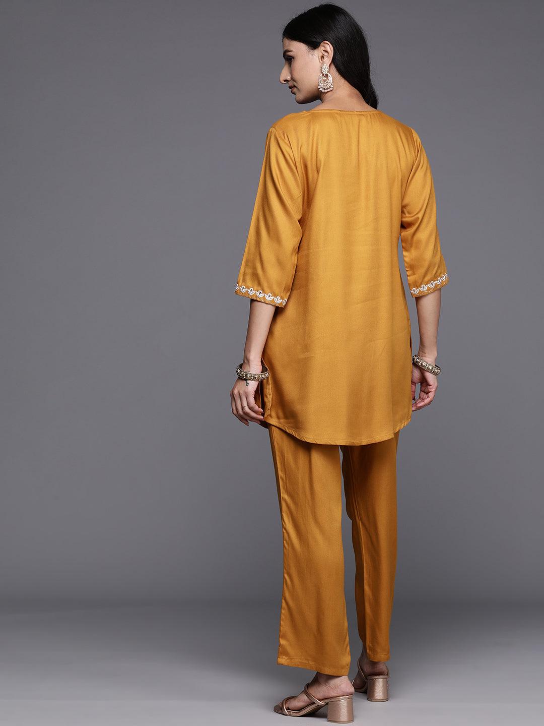 Mustard Embroidered Wool Blend Tunic With Trousers - Libas 