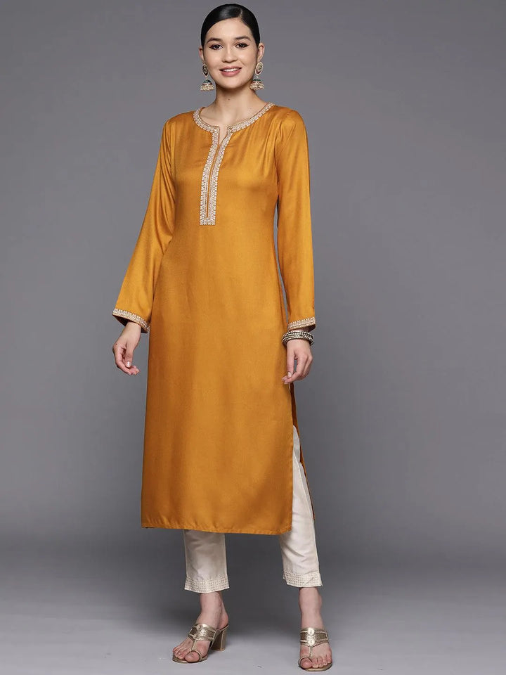 Mustard Embroidered Wool Straight Kurta - Libas