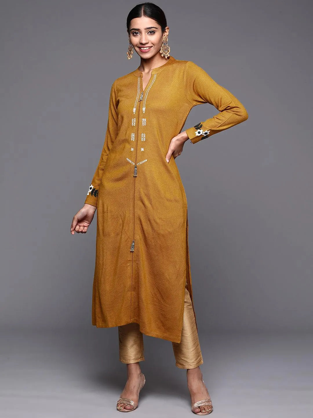 Mustard Embroidered Wool Straight Kurta - Libas