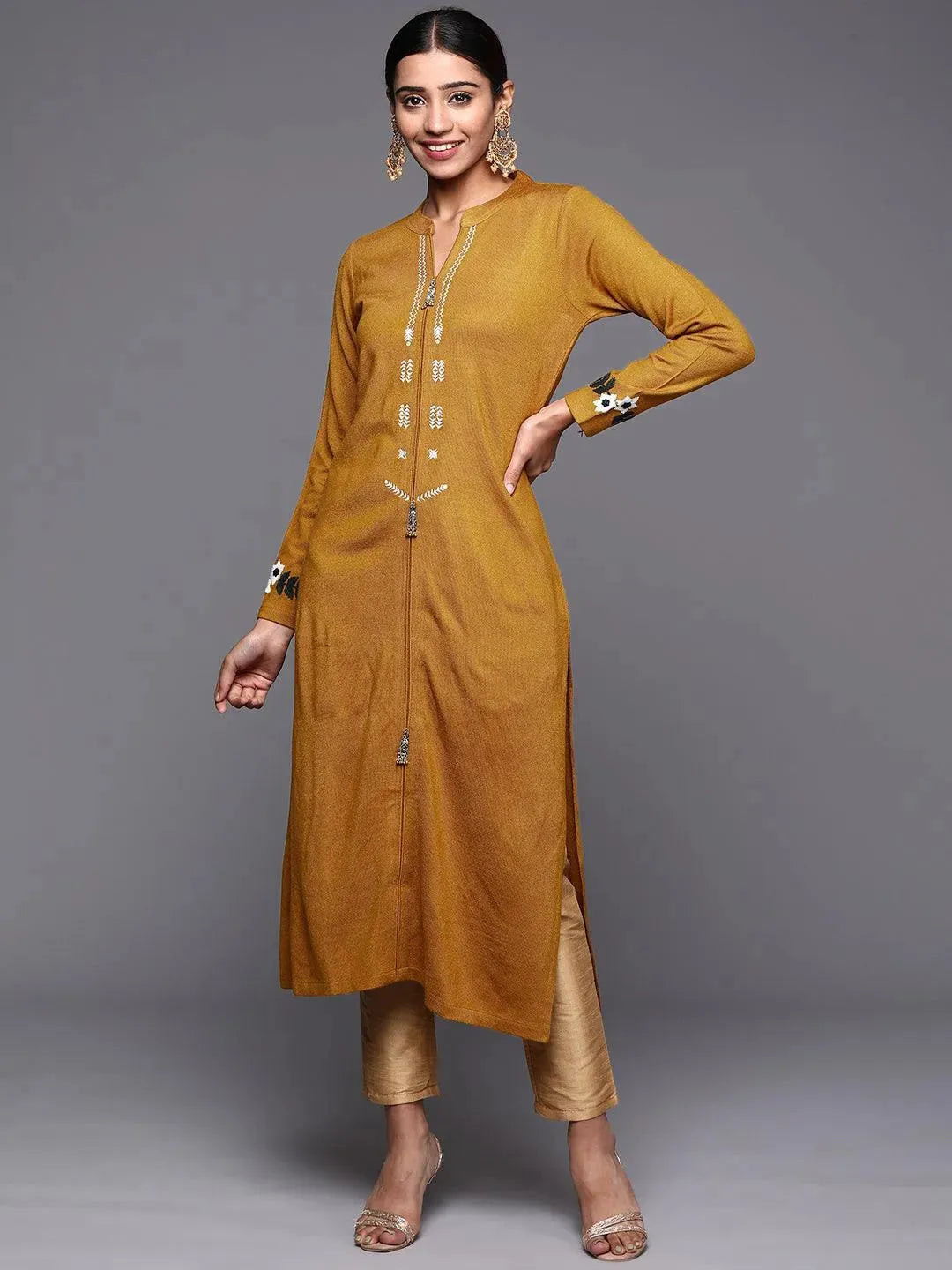 

Mustard Embroidered Wool Straight Kurta