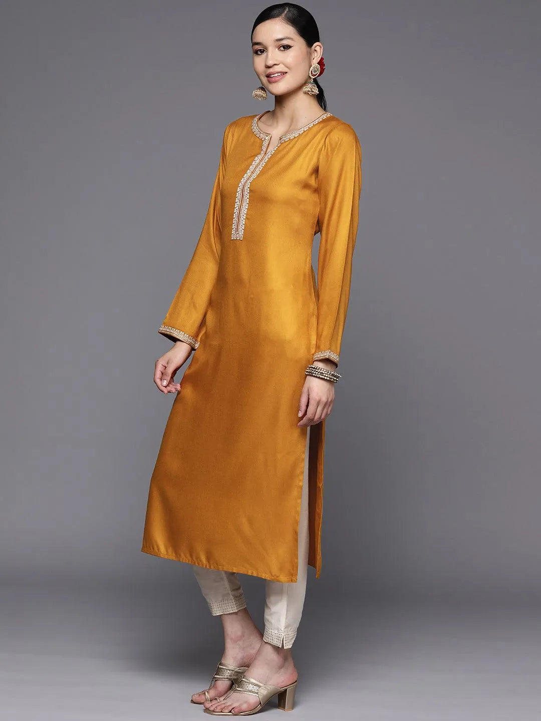 Mustard Embroidered Wool Straight Kurta - Libas