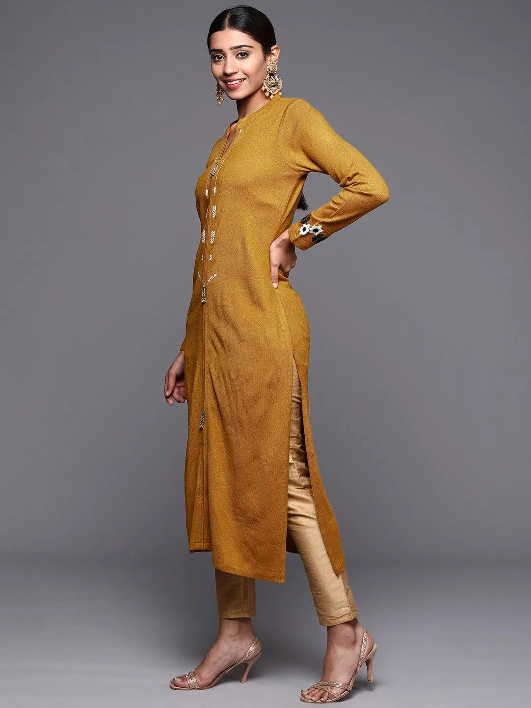 Mustard Embroidered Wool Straight Kurta - Libas