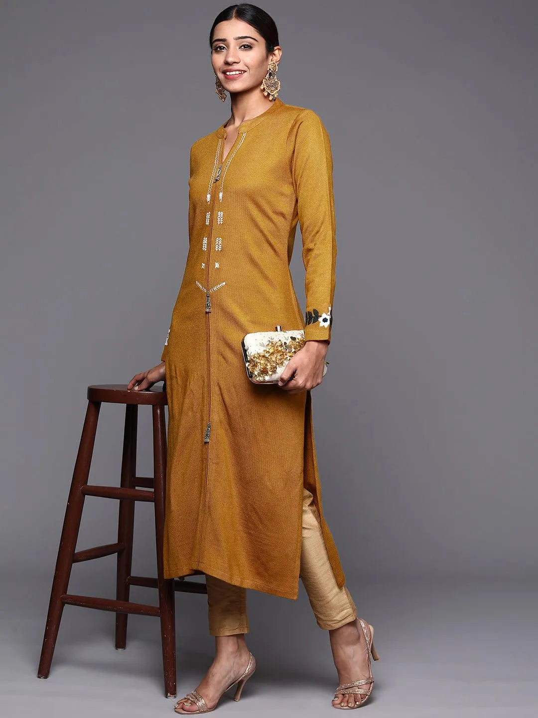 Mustard Embroidered Wool Straight Kurta - Libas