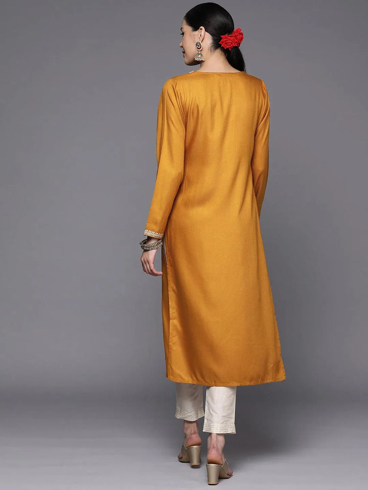 Mustard Embroidered Wool Straight Kurta - Libas