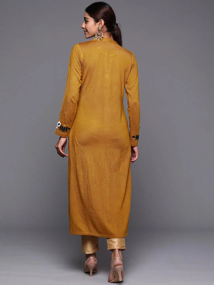 Mustard Embroidered Wool Straight Kurta - Libas