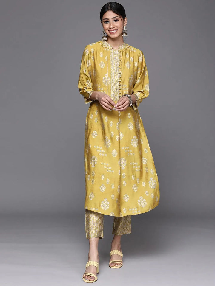 Mustard Printed Chanderi Silk Kurta - Libas