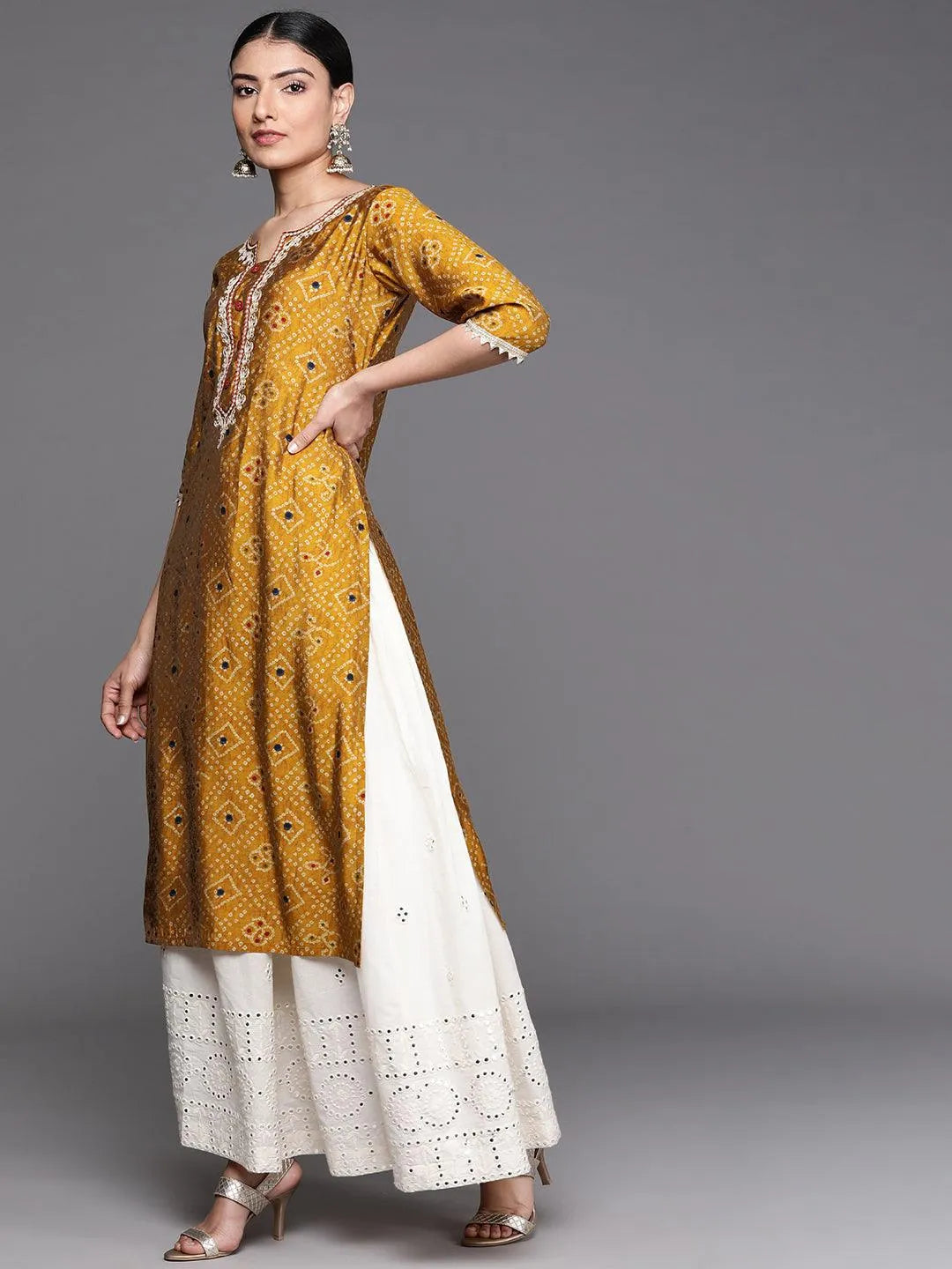 Mustard Printed Chanderi Silk Kurta - Libas 