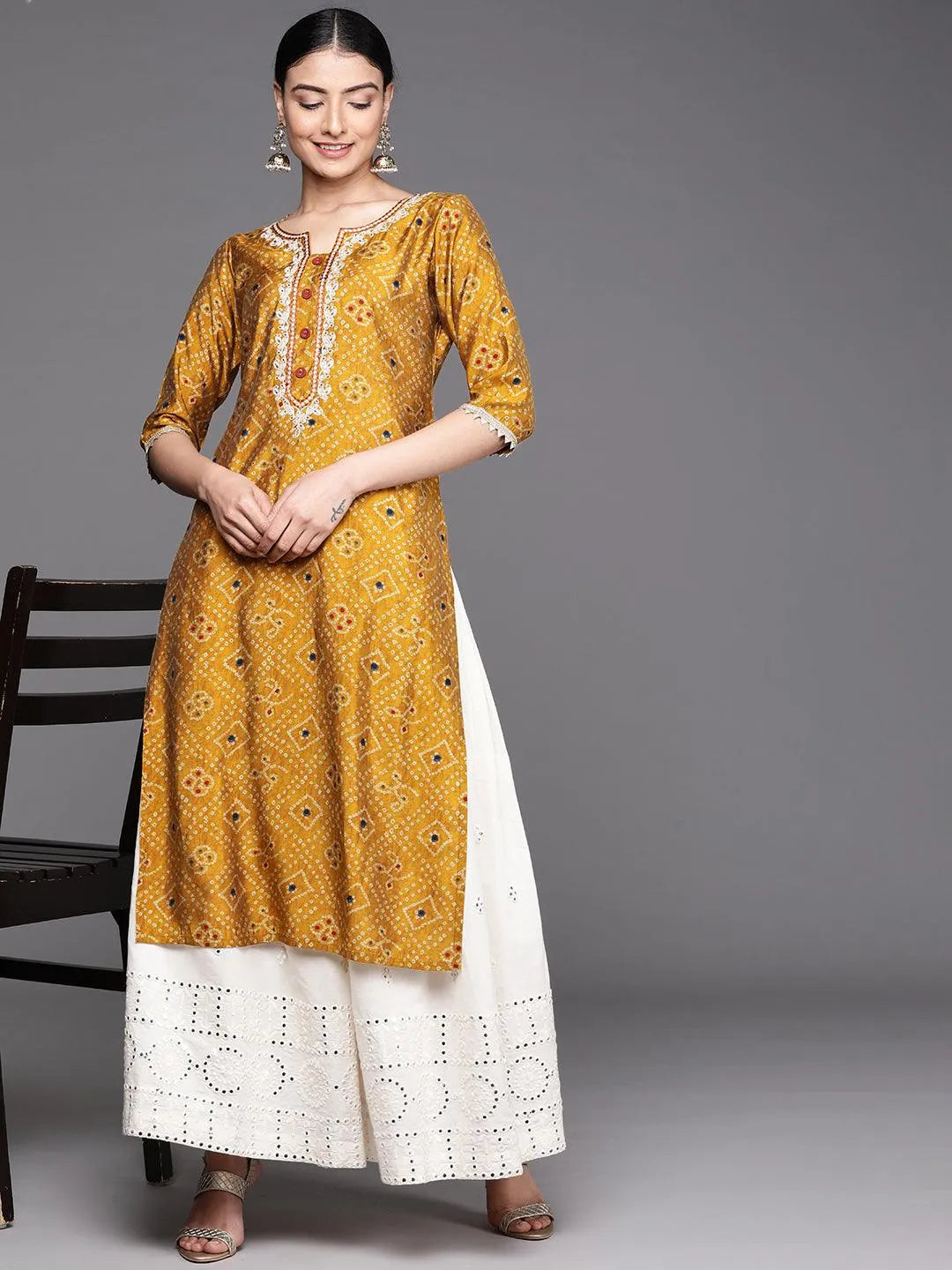 Mustard Printed Chanderi Silk Kurta - Libas