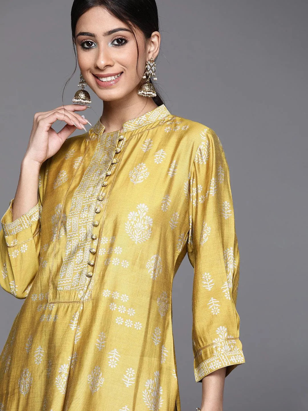 Mustard Printed Chanderi Silk Kurta - Libas