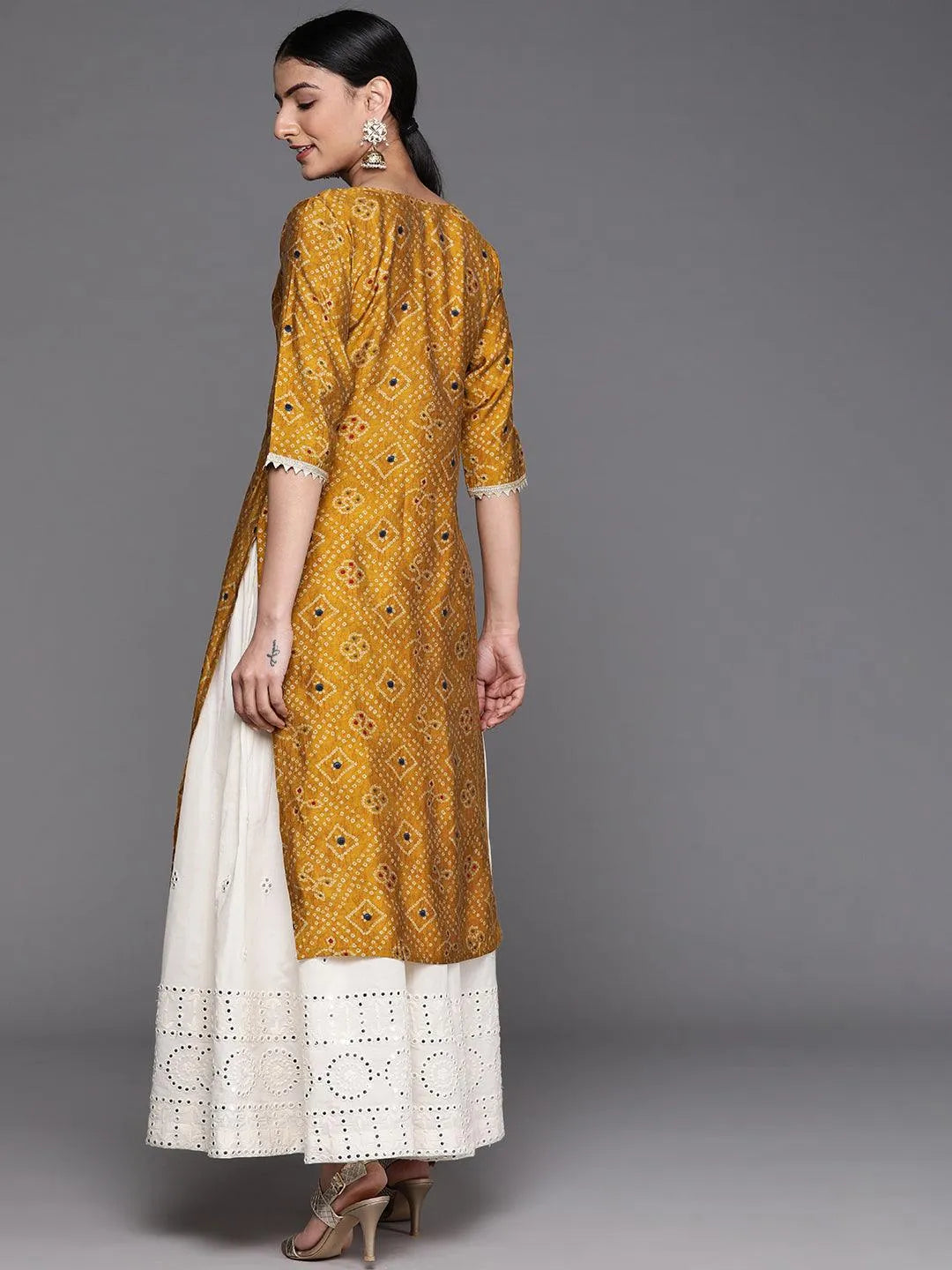 Mustard Printed Chanderi Silk Kurta - Libas