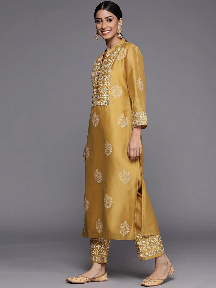 Mustard Printed Chanderi Silk Straight Suit Set - Libas