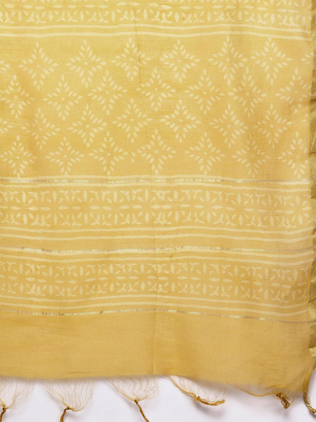 Mustard Printed Chanderi Silk Straight Kurta With Dupatta
