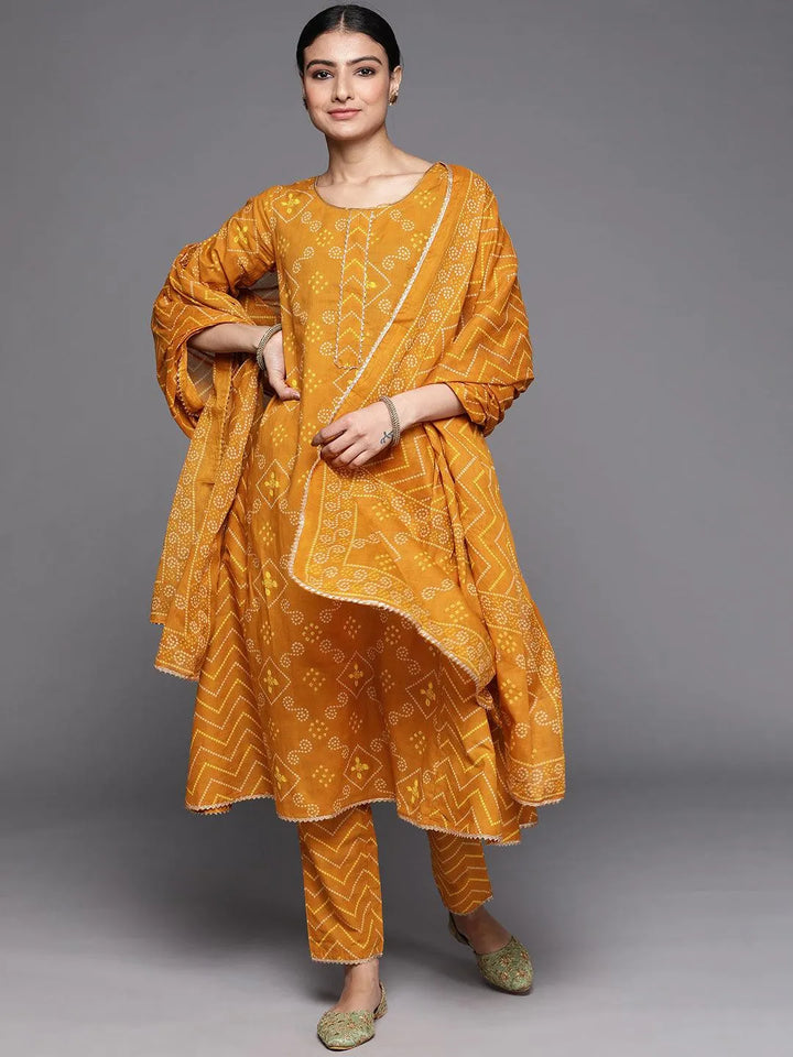 Mustard Printed Cotton Suit Set - Libas