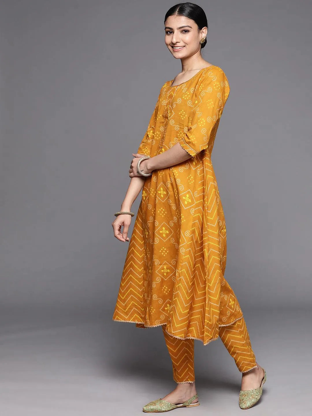 Mustard Printed Cotton Suit Set - Libas