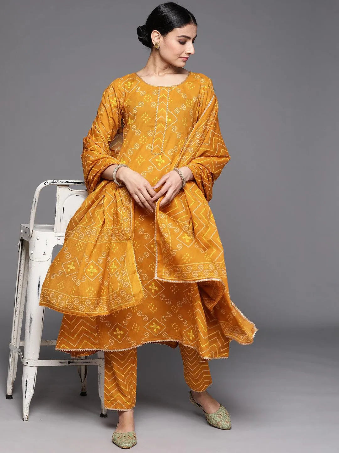 Mustard Printed Cotton Suit Set - Libas