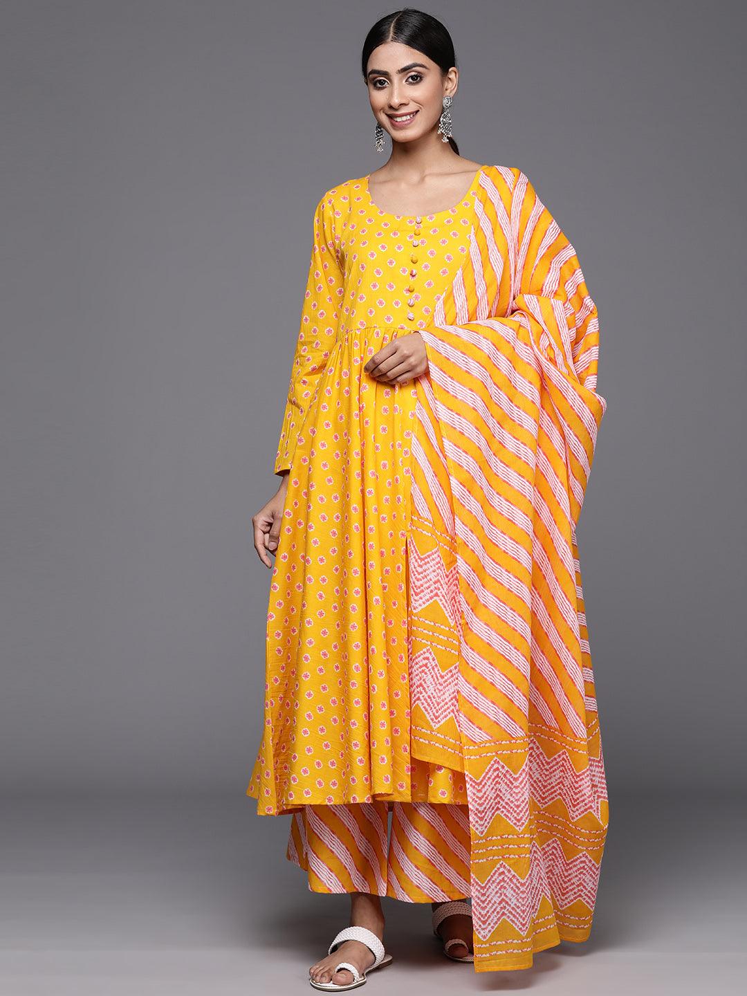 Mustard Printed Cotton A-Line Kurta With Palazzos & Dupatta - Libas