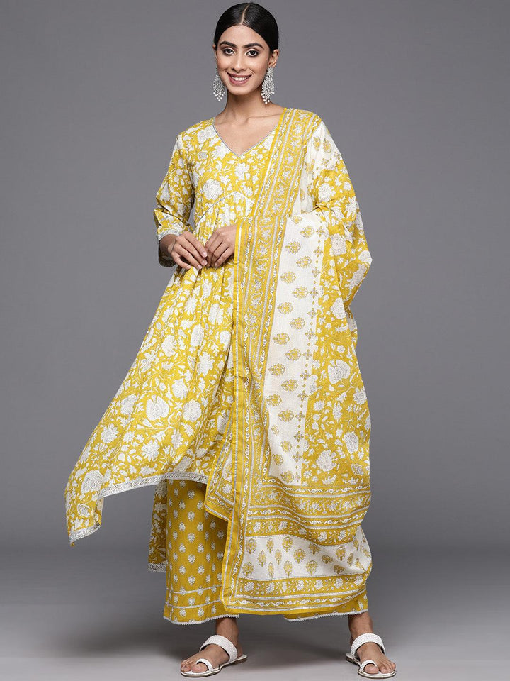 Mustard Printed Cotton A-Line Kurta With Palazzos & Dupatta - Libas