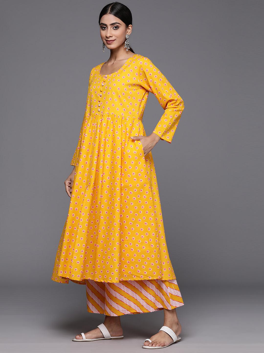 Mustard Printed Cotton A-Line Kurta With Palazzos & Dupatta - Libas 