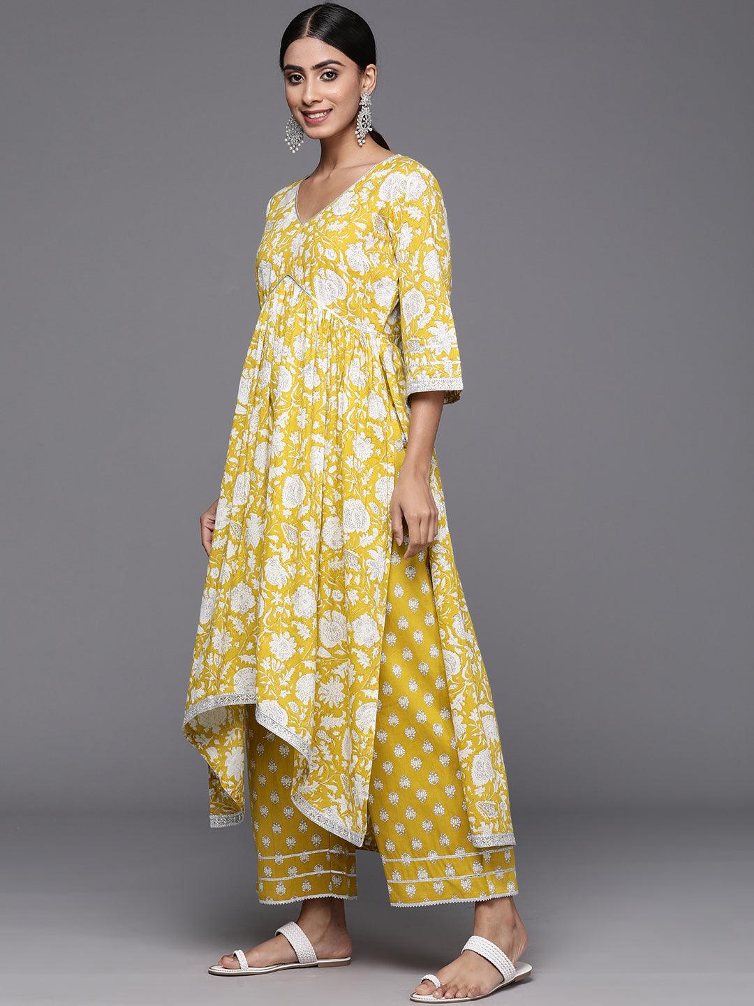 Mustard Printed Cotton A-Line Kurta With Palazzos & Dupatta - Libas 