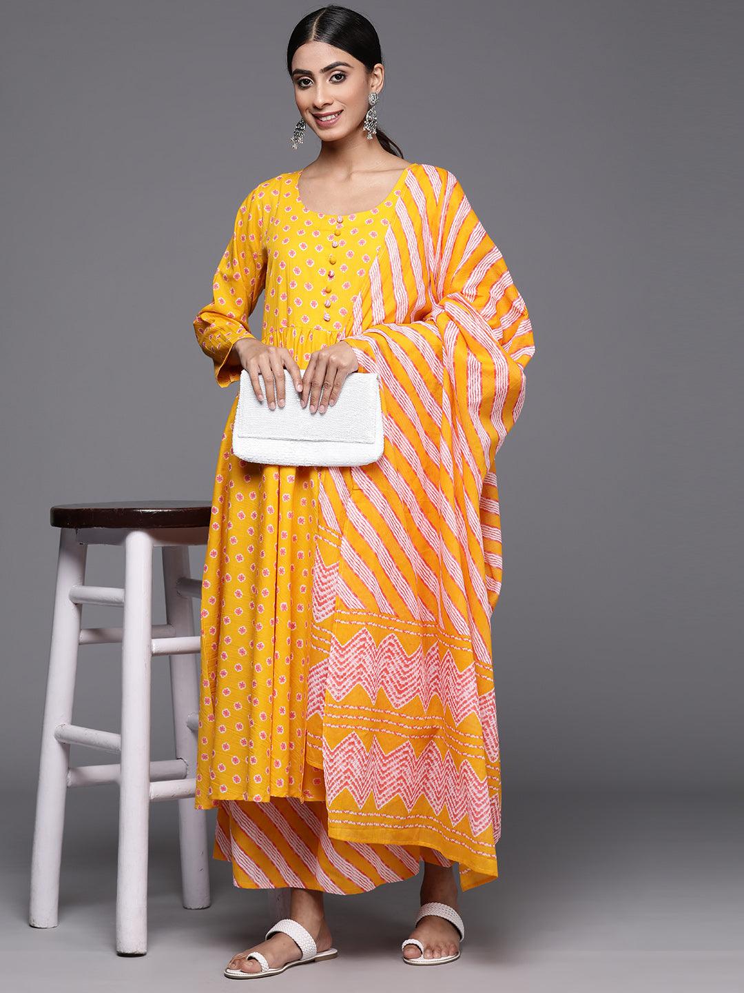 Mustard Printed Cotton A-Line Kurta With Palazzos & Dupatta - Libas