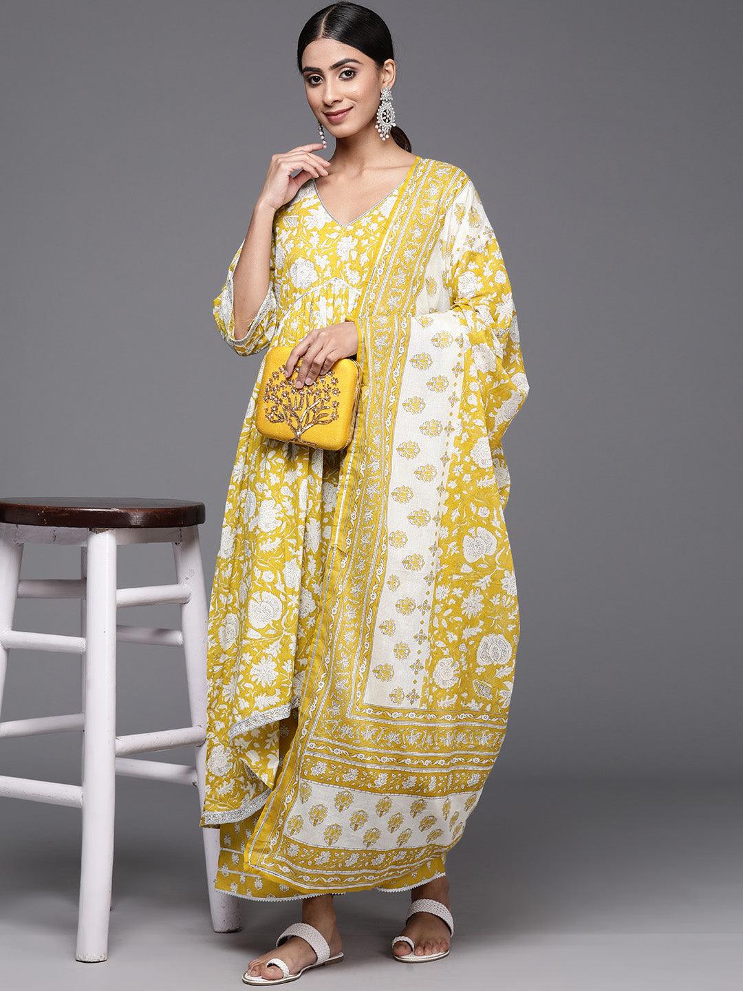 Mustard Printed Cotton A-Line Kurta With Palazzos & Dupatta - Libas