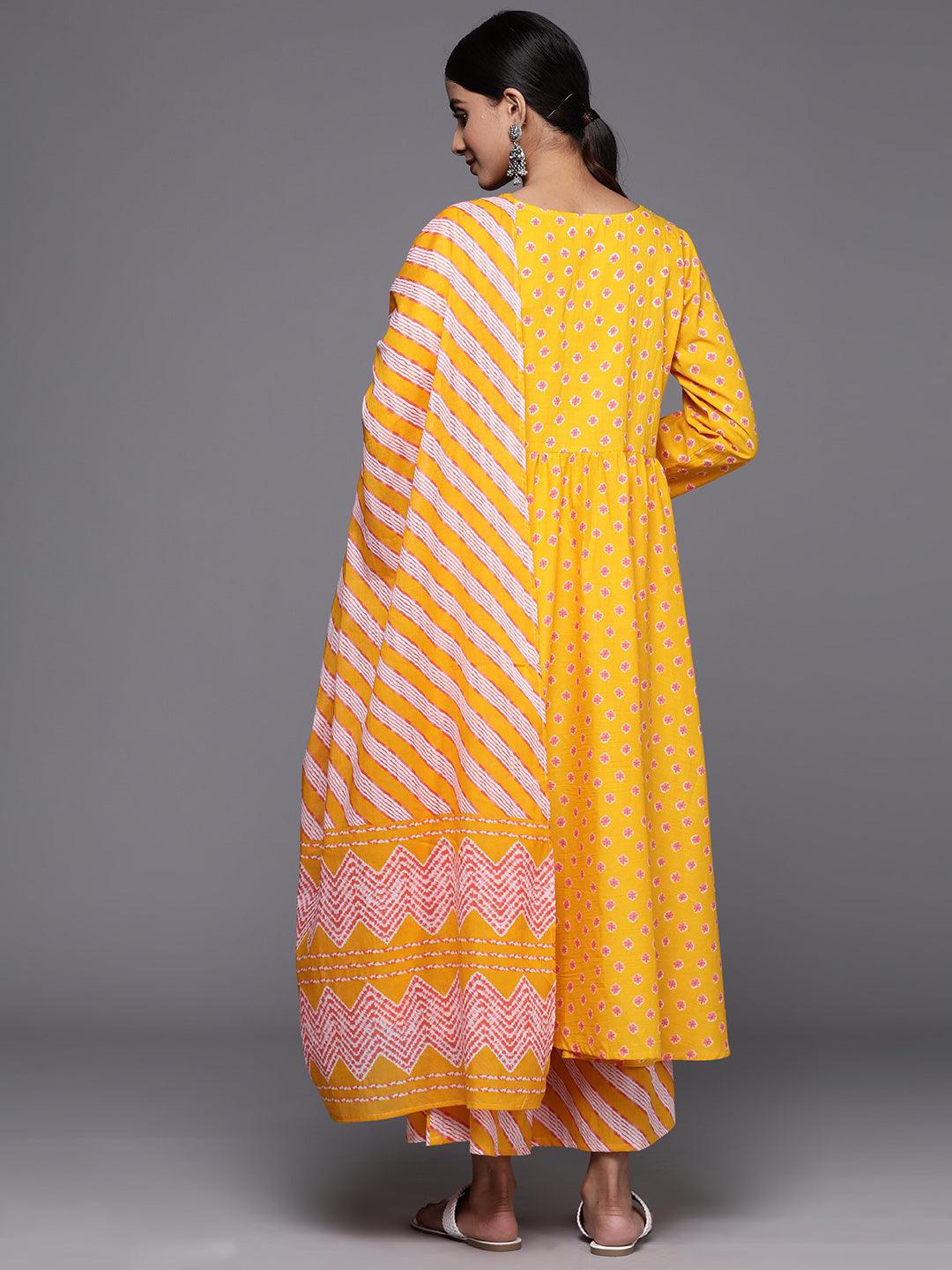 Mustard Printed Cotton A-Line Kurta With Palazzos & Dupatta - Libas 