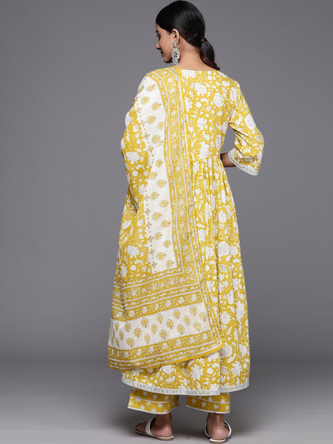 Mustard Printed Cotton A-Line Kurta With Palazzos & Dupatta - Libas 