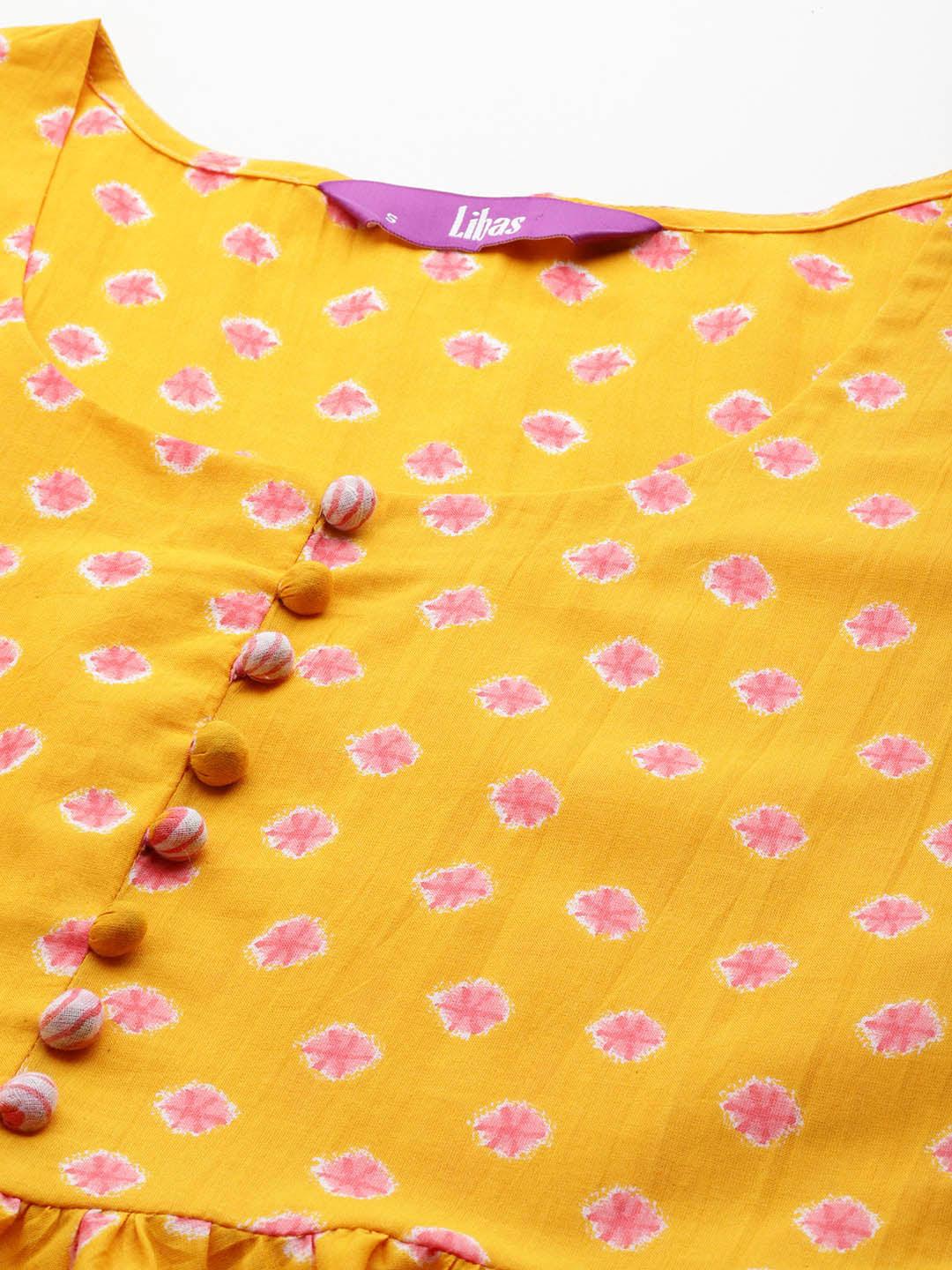 Mustard Printed Cotton A-Line Kurta With Palazzos & Dupatta - Libas 