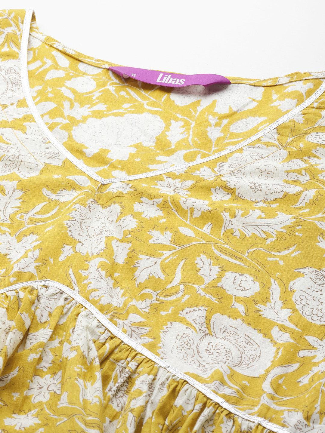 Mustard Printed Cotton A-Line Kurta With Palazzos & Dupatta - Libas 