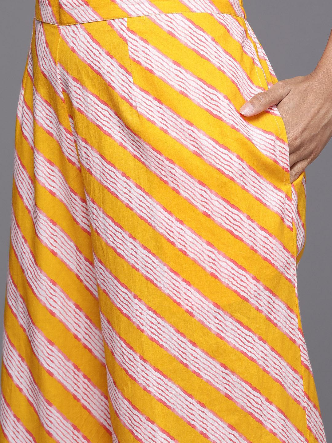 Mustard Printed Cotton A-Line Kurta With Palazzos & Dupatta - Libas 