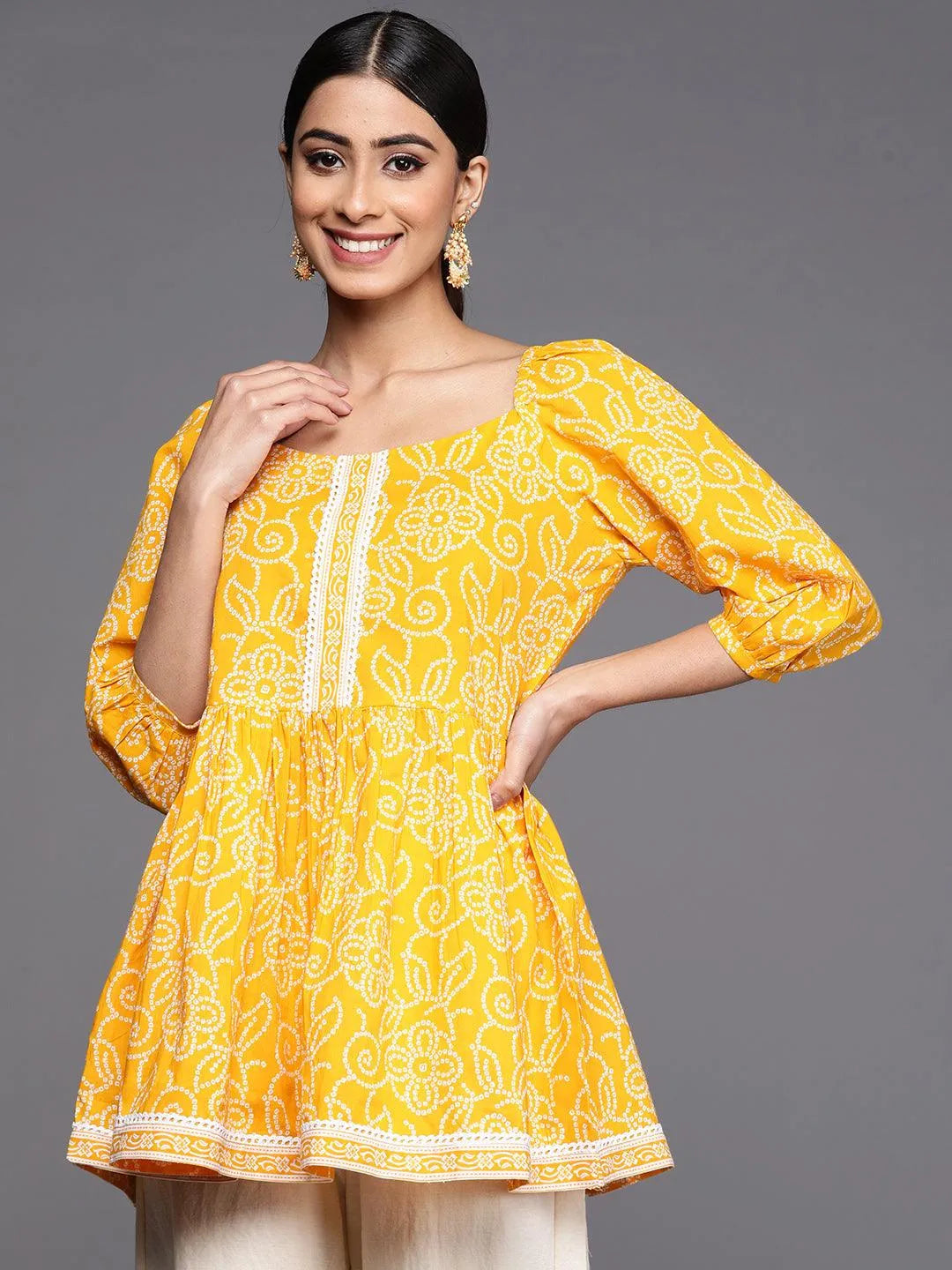 Mustard Printed Cotton A-Line Kurti - Libas