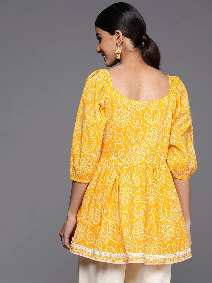 Mustard Printed Cotton A-Line Kurti - Libas