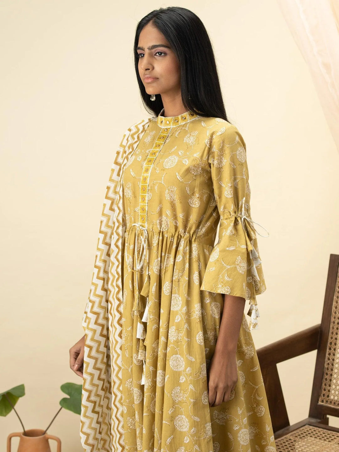 Mustard Printed Cotton Suit Set - Libas