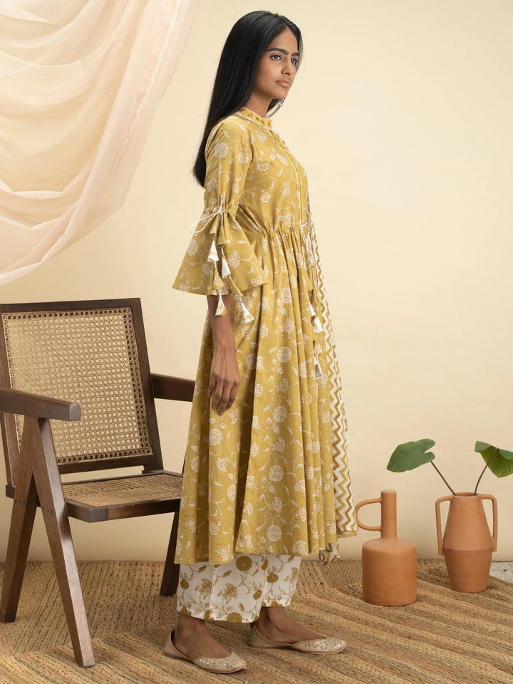 Mustard Printed Cotton Suit Set - Libas