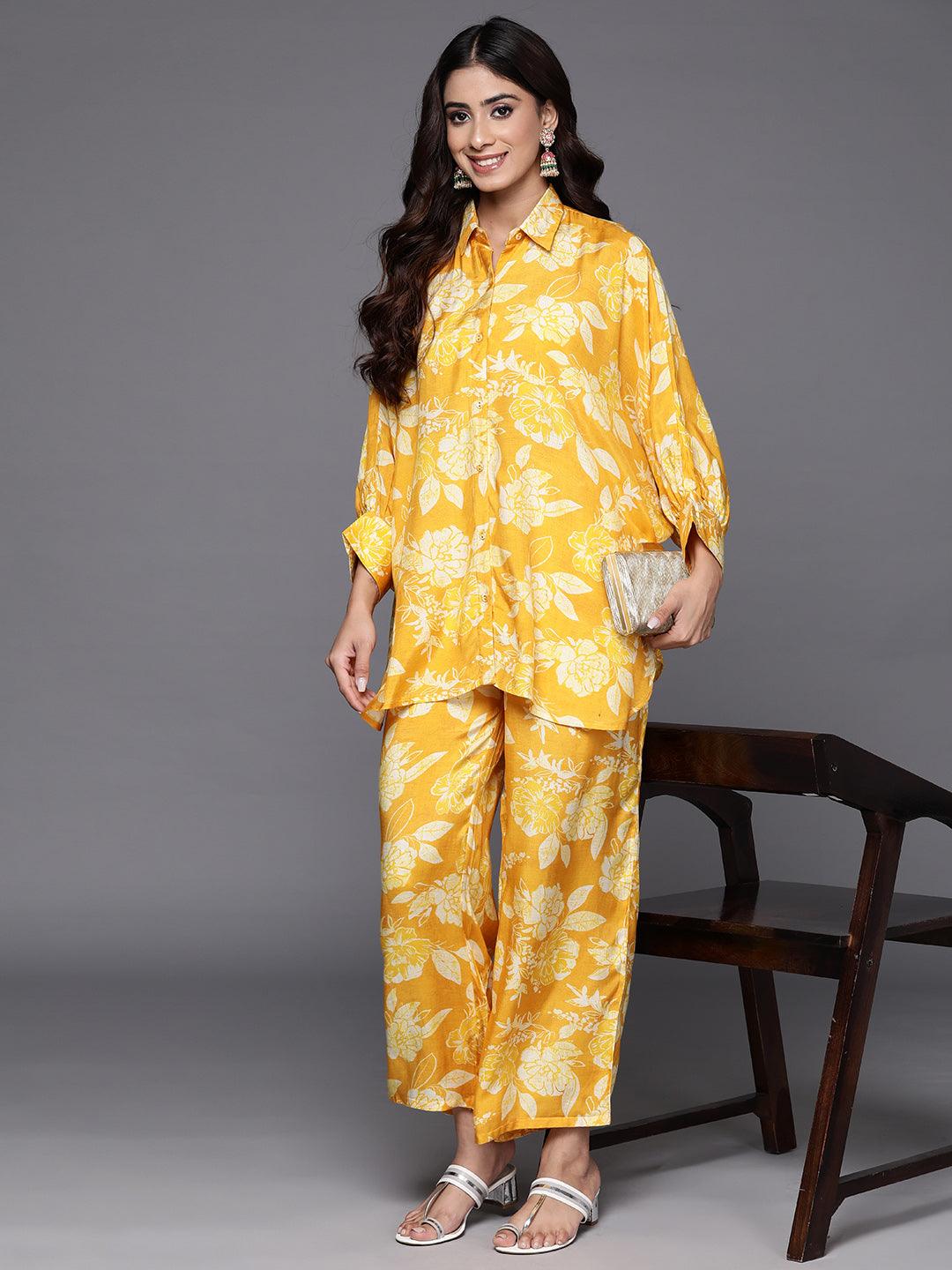 Mustard Printed Cotton Blend Shirt With Palazzos - Libas