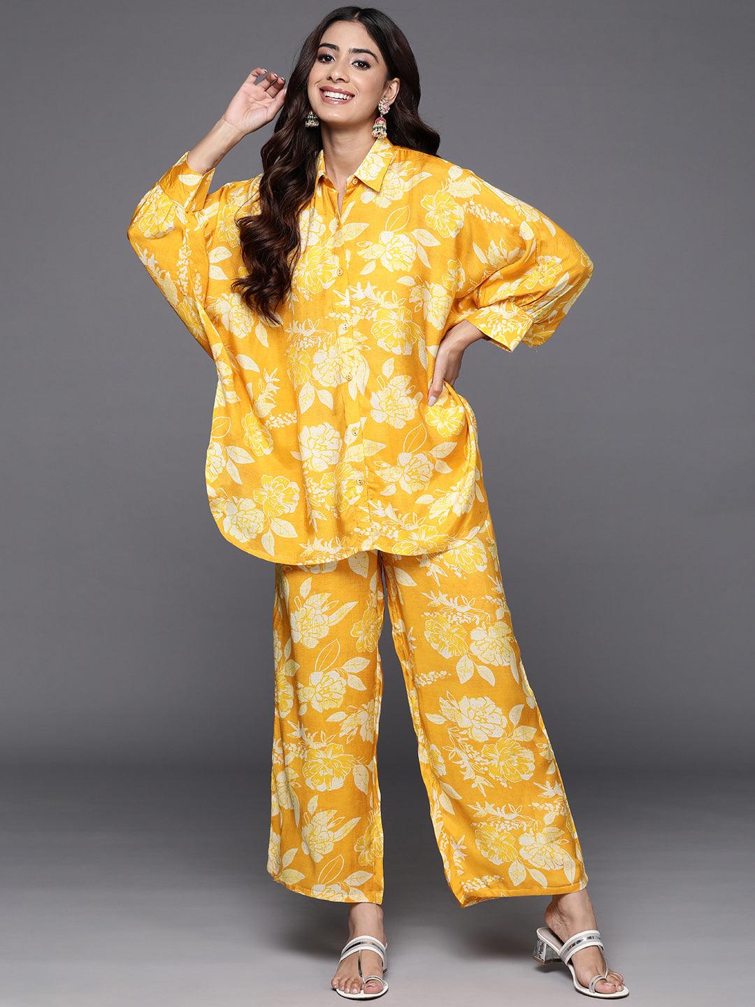 Mustard Printed Cotton Blend Shirt With Palazzos - Libas