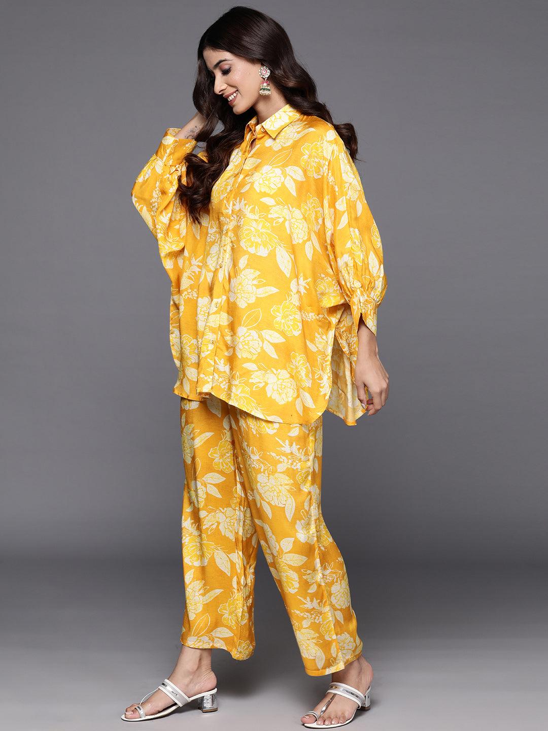 Mustard Printed Cotton Blend Shirt With Palazzos - Libas