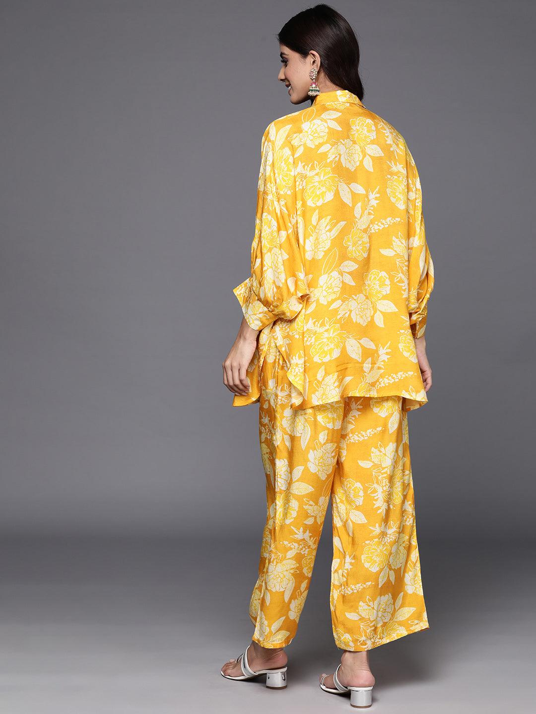 Mustard Printed Cotton Blend Shirt With Palazzos - Libas